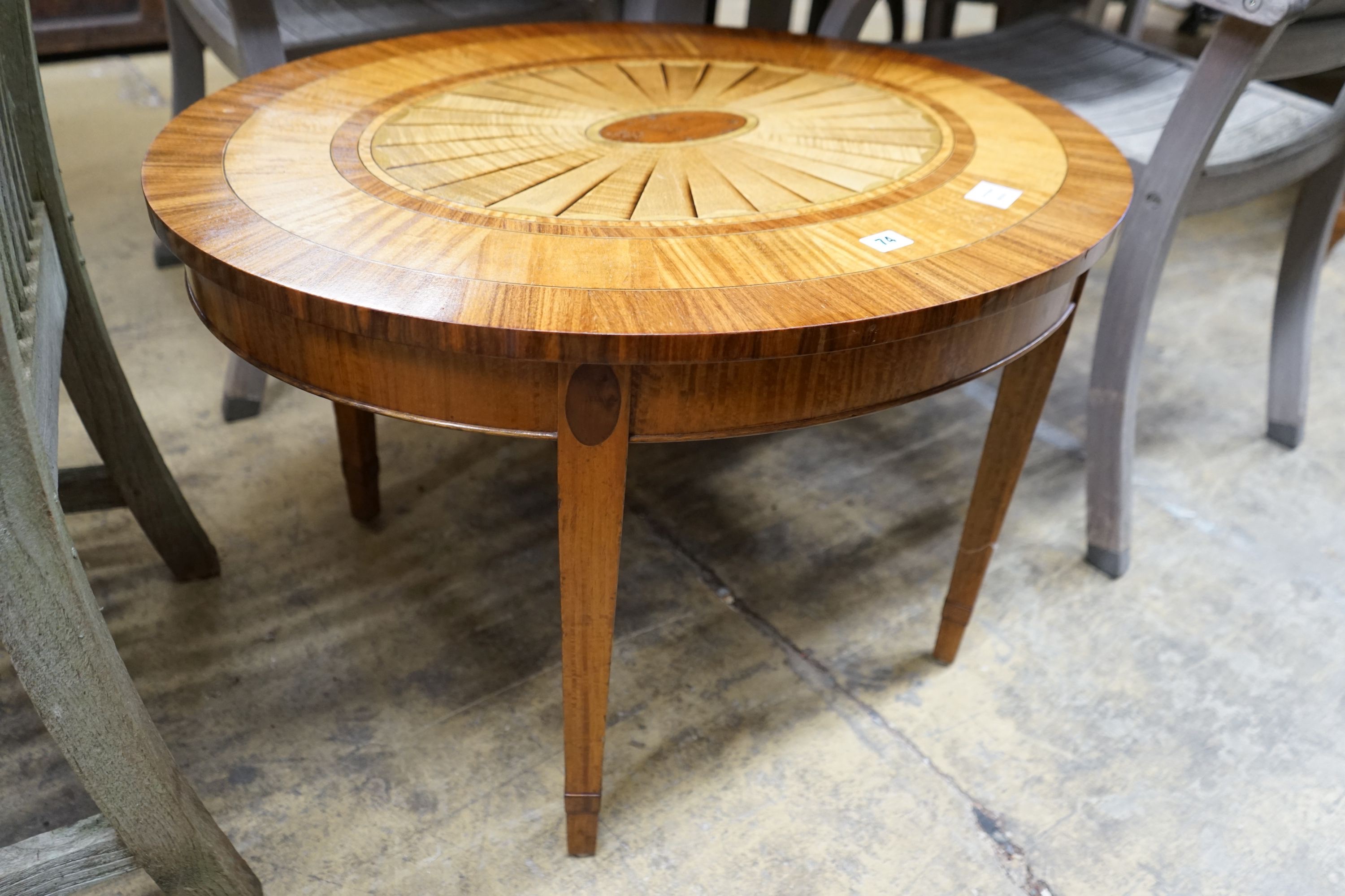 A Sheraton style cross-banded inlaid occasional table, width 80cm, depth 66cm, height 50cm